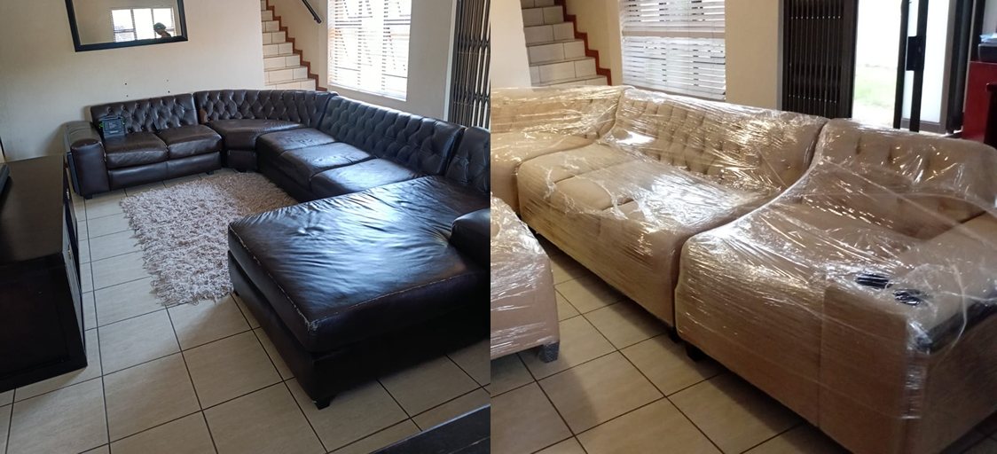 Large corner couch before and after: on the left, worn dark brown leather; on the right, the same couch reupholstered in light cream fabric