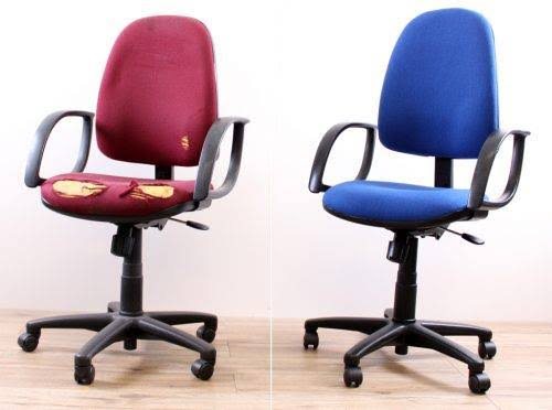 Office operator chair before and after: on the left, maroon fabric torn through to the foam; on the right, the same chair reupholstered in blue