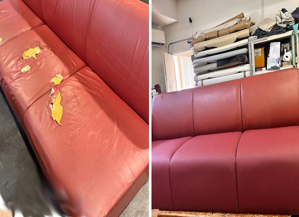Red three-seater couch before and after: on the left, the cover is peeling away in patches; on the right, the same couch reupholstered in smooth new red