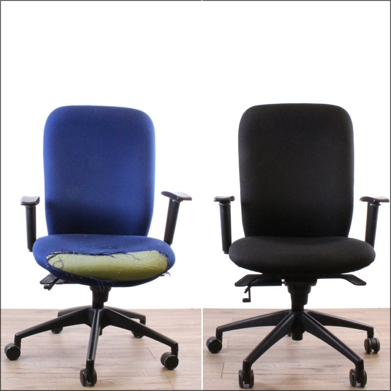 Office task chair before and after: on the left, worn blue fabric with the seat torn open to the foam; on the right, the same chair reupholstered in black